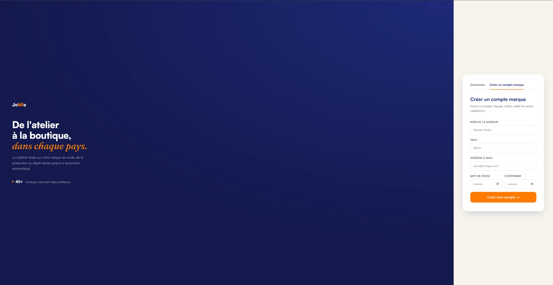 JoMIa brand account creation interface