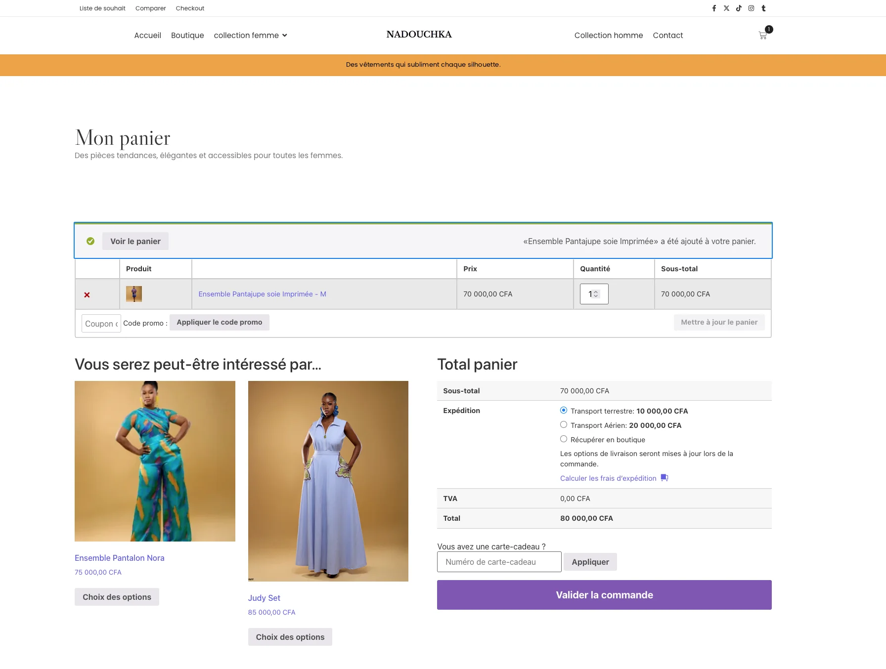 Nadouchka shopping cart and checkout