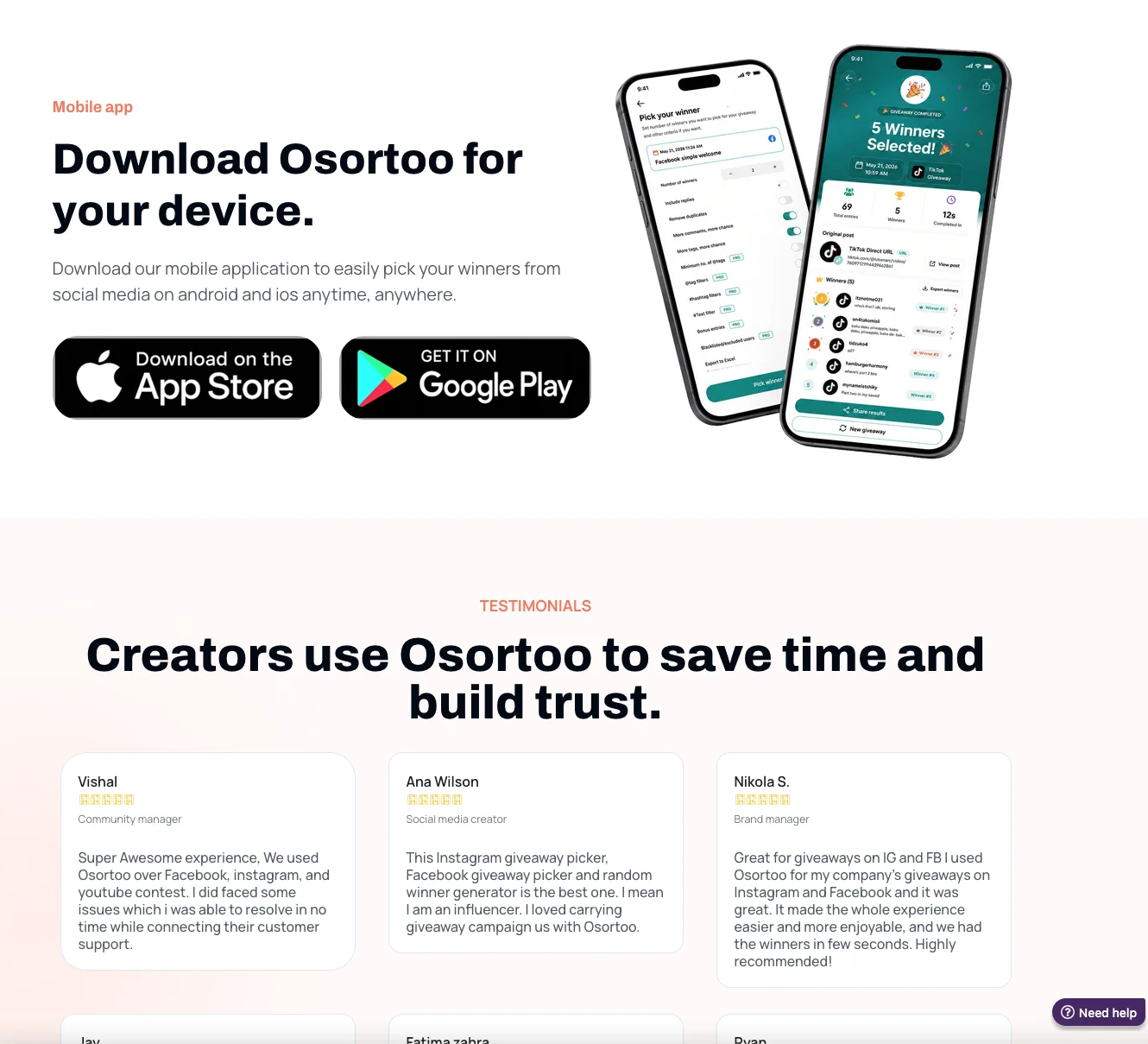 Osortoo mobile application section